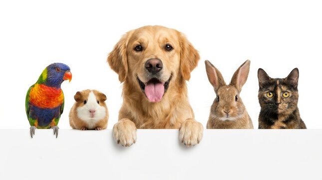 A collection of adorable pets like a parrot and dog peeking from a white background for banner design.