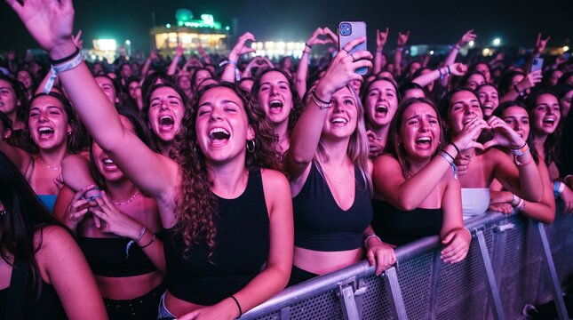 Emotional Female Fans Screaming and Crying in Front Row at Live Pop Music Concert