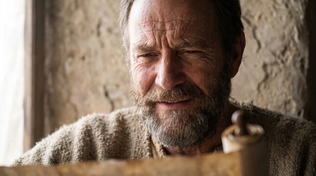 Elderly man reading ancient scroll in rustic stone interior. Biblical era wise man with grey beard studying old parchment