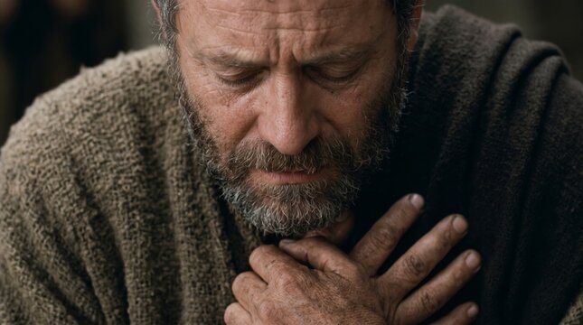 Mature bearded man with closed eyes praying with hands on chest. Emotional portrait of caucasian man in humble clothing expressing faith, repentance and