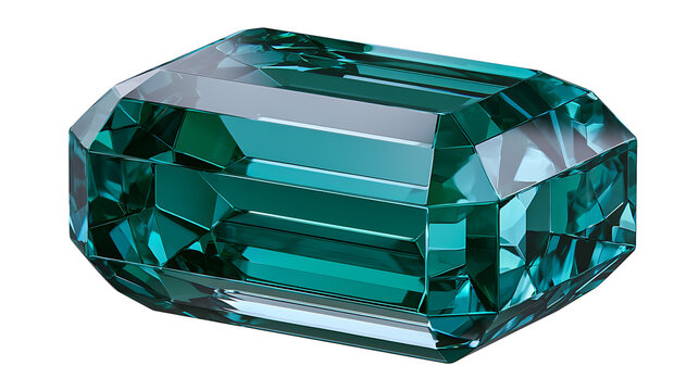 Emerald cut teal gemstone with facets isolated on transparent background