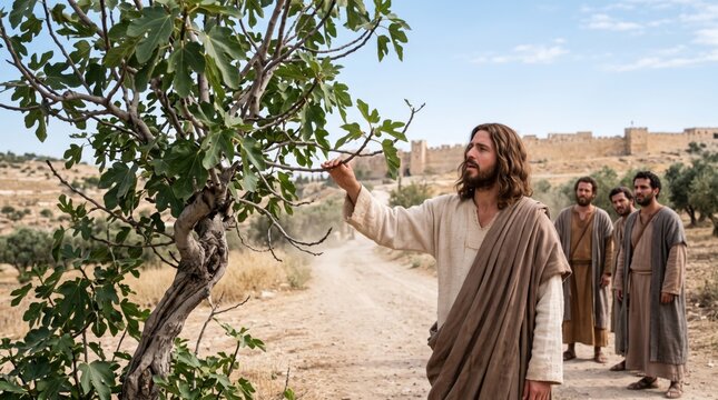 Jesus Christ touching fig tree branch on dusty road near ancient Jerusalem walls. Biblical scene with disciples following teacher. Parable and gospel story for Easter and Christian faith concept.