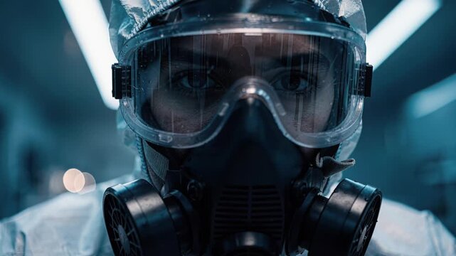 Healthcare worker full protective suit with fogged goggles and respirator mask