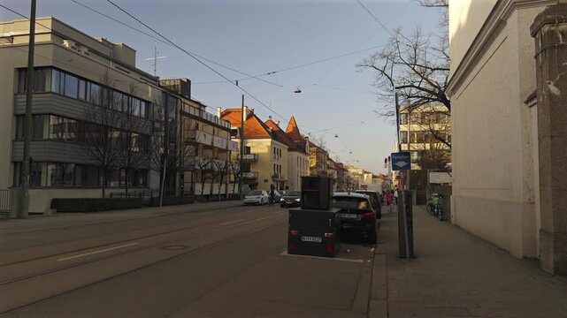 Urban speed enforcement camera on street in Munich, Bavaria. Modern traffic monitoring technology used to detect violations, improve road safety and support transportation infrastructure.