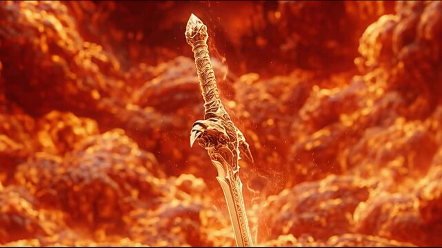 Sword stands tall in fiery landscape with glowing orange clouds