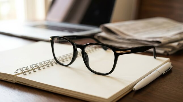 Black eyeglasses and a white pen on a notepad for workspace organization.