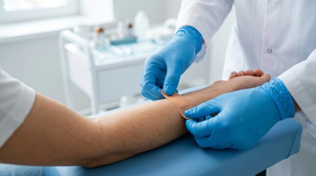 Medical professional wearing blue gloves applying a sterile adhesive bandage to a patient's forearm.