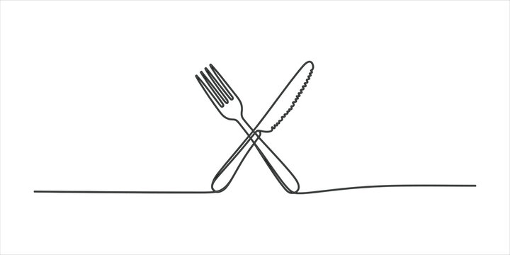 Continuous single line drawing of a crossed fork and knife for restaurant logo