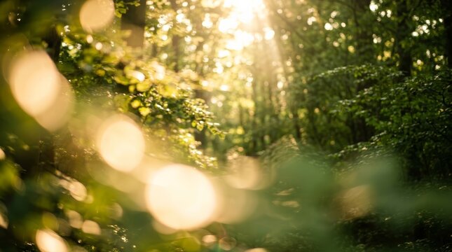 Dreamy bokeh background featuring sunbeams filtering through tree leaves.