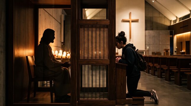Woman kneeling and praying in church confessional booth near silhouette of Jesus with candles. Faith, confession and forgiveness concept. Christian religion, prayer and spirituality