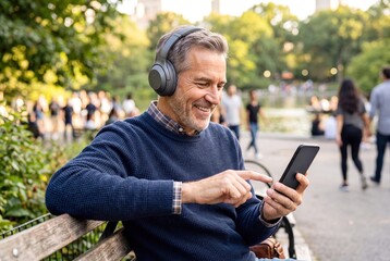 Fototapeta premium A happy mature man smiling while listening to music and using his smartphone in a park