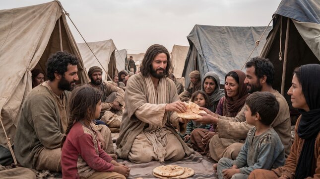Jesus sharing bread with refugees in ancient biblical camp. Man in robes breaking loaf among poor families sitting near tents. Faith charity compassion and hope concept for church and religion