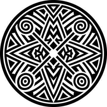 Tribal geometric mandala vector, black and white ethnic circular ornament, ancient celtic style shield emblem for tattoo and logo design