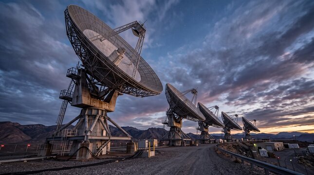 Radio Telescope Array at Observatory Under Twilight Sky