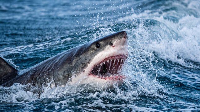 Great White Shark Emerging from Ocean with Open Jaws