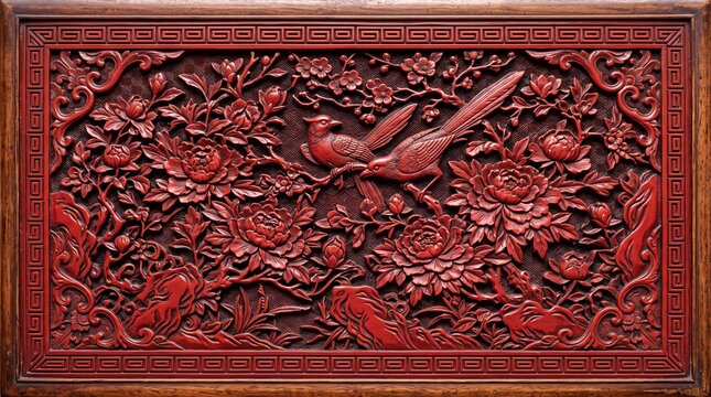 Traditional Chinese Carved Red Cinnabar Lacquer Panel