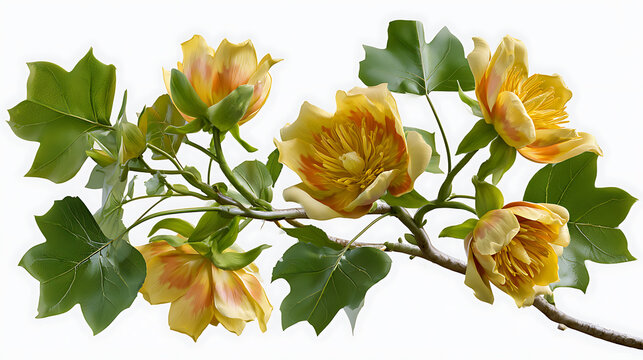 Tulip tree branch displays yellow flowers and green lobed leaves on a white background