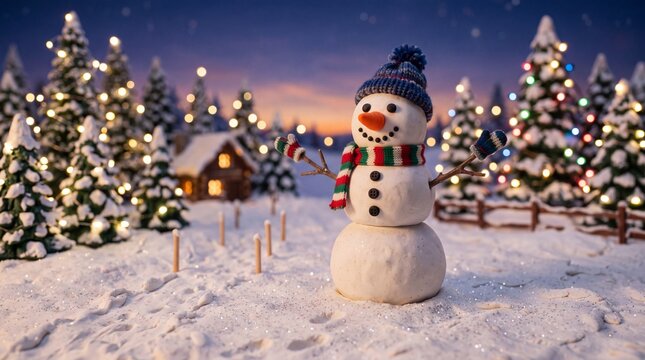 Cute Snowman in Cozy Christmas Winter Landscape
