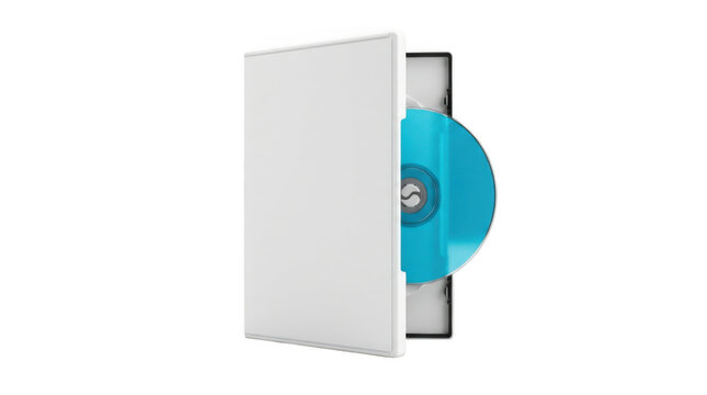 White dvd case slightly open with blue disc visible isolated on transparent background
