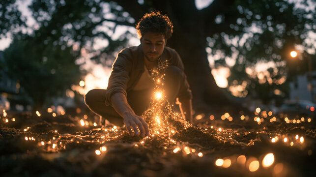 Man Touching Glowing Magical Lights in the Soil