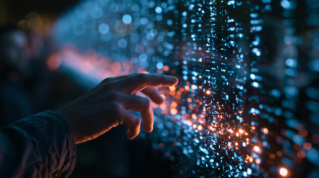 Human Hand Interacting with Digital Data Interface Screen