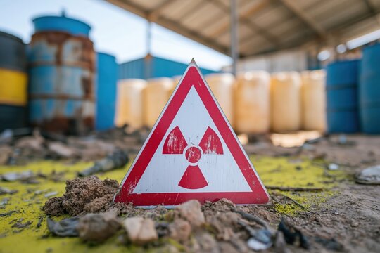 Radioactive hazard sign with red border and symbol on gritty yellow soil, weathered industrial setting for environmental risk and safety campaigns