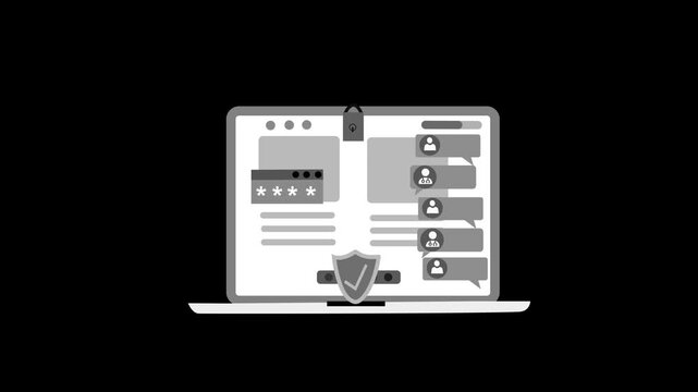 Flat animation of a laptop with a chat sidebar and shield icon