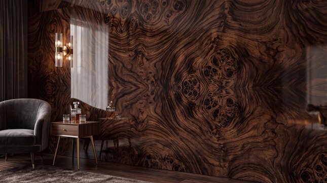 Luxury Interior with Burled Wood Paneling and Armchair