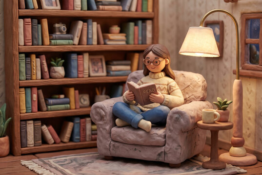 Clay Miniature Woman Reading Book in Cozy Home Library