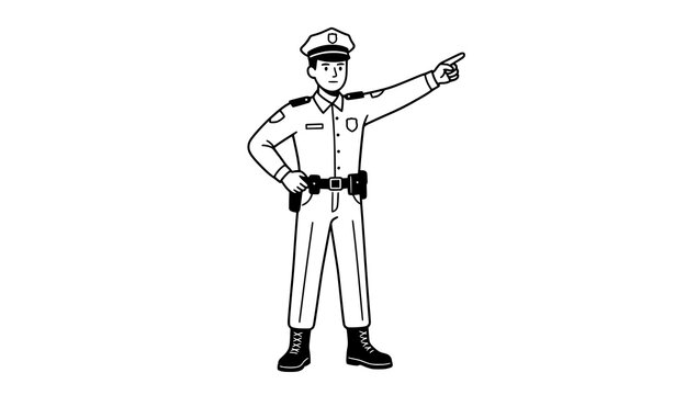 Traffic Policeman Pointing Direction with Raised Hand Black and White Vector Illustration
