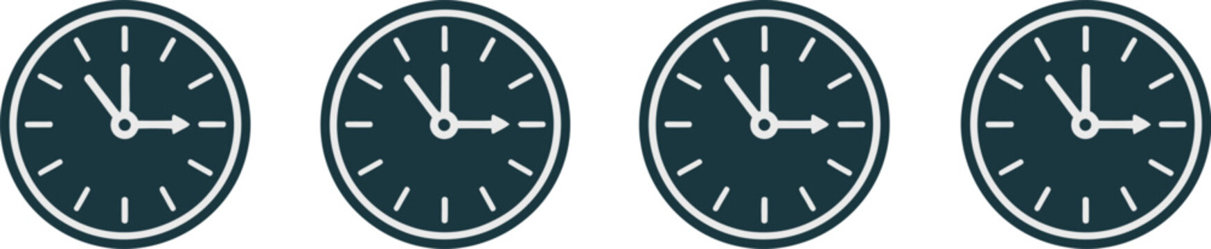 Overtime icons set, business time symbols, clock signs, extended working hours indicators, employee schedule elements, work time tracking symbols, and office management graphics for applications.