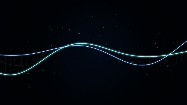 Dynamic digital frequency waveform with glowing lines and particles. Cyber technology data stream and audio spectrum animation.