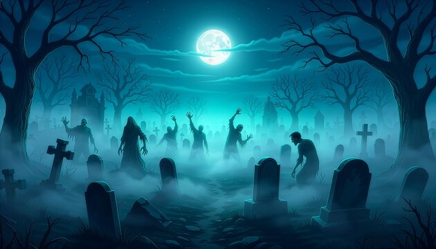 Spooky zombie apocalypse scene in a misty graveyard at night, featuring creepy silhouettes rising from graves, ancient tombstones, bare trees, and a glowing full moon.