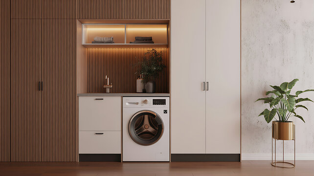 Laundry room interior featuring a white washing machine, wooden slatted wall panels, cabinets, and a potted green plant.