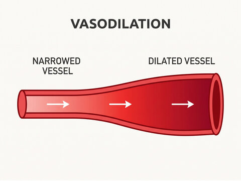 Vasodilation medical concept illustration comparing a narrowed blood vessel with a dilated vessel showing increased internal diameter and smooth muscle relaxation.