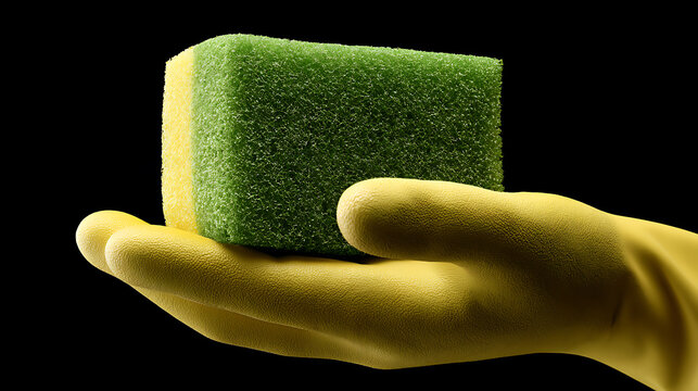 Yellow rubber glove holding a green and yellow cleaning sponge on black