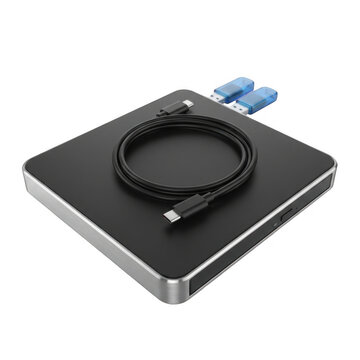 Modern compact usb hub with type c cable and flash drives isolated on transparent background