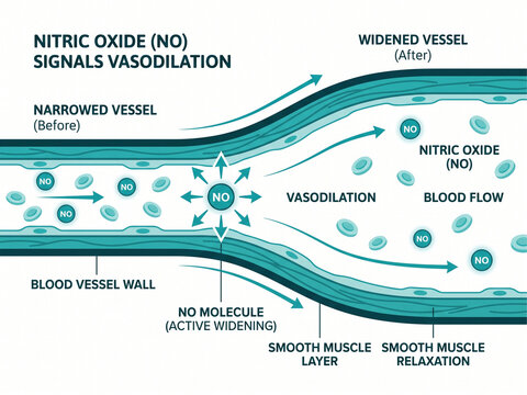 Nitric oxide vasodilation diagram illustrating how blood vessel walls relax and widen to increase internal blood flow and improve overall cardiovascular health conditions.