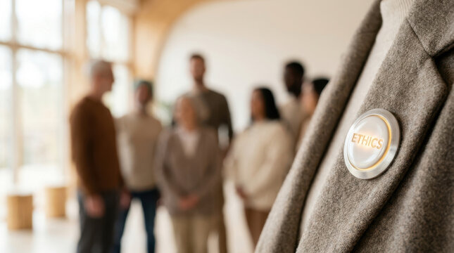 Ethics badge formal jacket with diverse professionals blurred bright office, highlighting workplace values, responsibility, and corporate culture