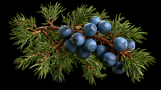 Juniper branch with blue berries displays a fresh coniferous twig against black