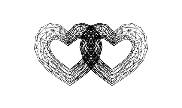 Interlocking 3D low poly wireframe hearts line art vector modern love concept