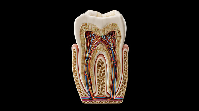 Anatomical model of a human molar tooth against a black background