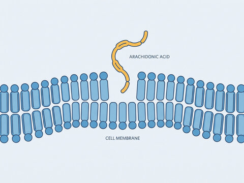 Arachidonic acid release mechanism from cell membrane depicted in a clear scientific vector illustration for educational and medical presentation purposes.