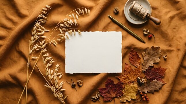 A beautiful and inviting thanksgiving flat lay featuring autumn leaves a blank card and subtle hints of a festive warm and grateful celebration atmosphere