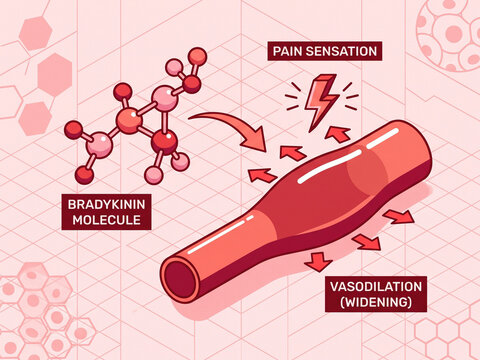 Bradykinin molecule diagram showing vasodilation and pain sensation inside a blood vessel in a medical illustration.