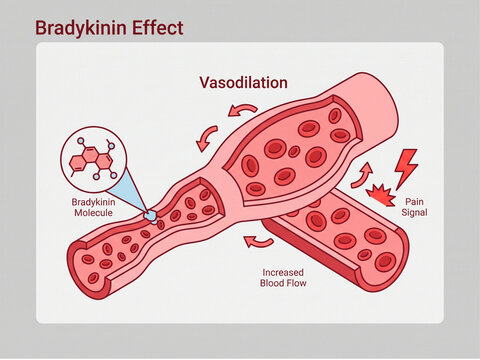 Vasodilation diagram showing increased blood flow and pain signal generation caused by bradykinin molecule interaction within human blood vessel walls.