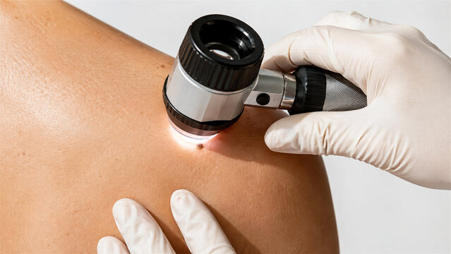 dermatologist examining mole on woman skin with dermatoscope. Skin cancer screening and early melanoma detection. Medical checkup and dermatology concept for health care clinic