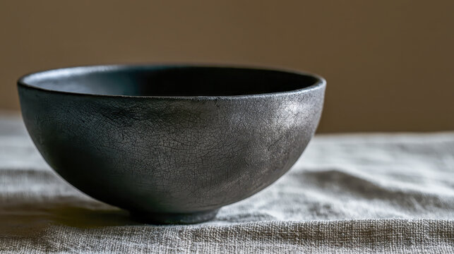 Dark raku ceramic bowl with matte crackled glaze on a woven linen cloth in soft daylight