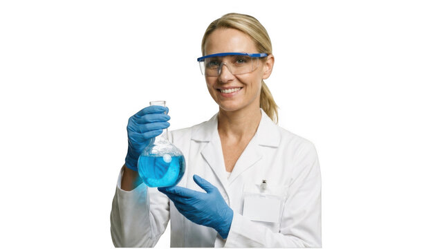 Smiling female scientist holding an erlenmeyer flask filled with glowing blue liquid isolated on transparent background