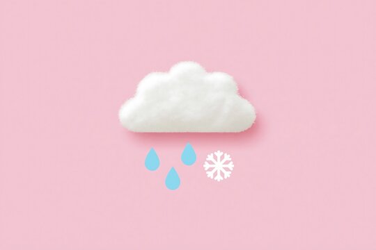 Sleet icon (cloud with rain and snow mix), flat design, solid soft pink background